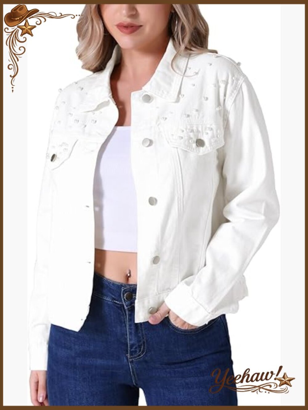 Trendy Pearl Denim Jacket Long Sleeve Button Up